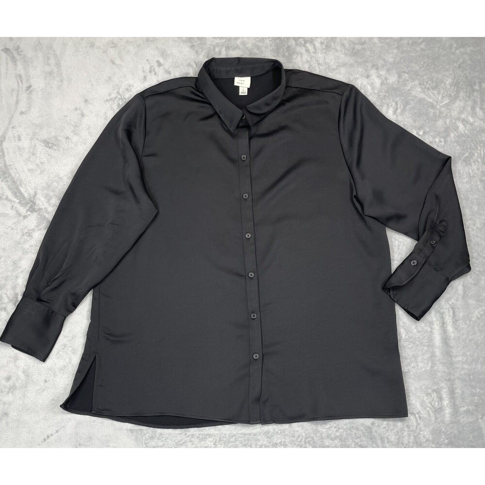 A New Day Women's Large Black Long Sleeve Satin Button-Down Shirt